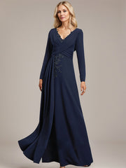 A-line V-Neck Floor-Length Stretch Crepe Evening Dress With Pleated Sequins Appliques Lace