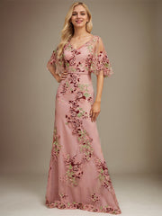 Sheath/Column V-Neck Floor-Length Lace Floral Evening Dress