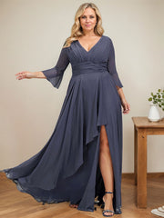 A-line V-Neck Floor-Length Chiffon Mother of the Bride Dress With Cascading Ruffles