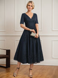 A-line V-Neck Tea-Length Tulle Lace Mother of the Bride Dress With Pleated