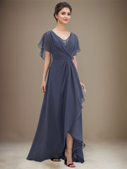 A-line V-Neck Asymmetrical Chiffon Mother of the Bride Dress With Sequins Beading Cascading Ruffles