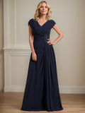 A-line V-Neck Floor-Length Chiffon Mother of the Bride Dress With Pleated Sequins Beading