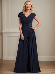 A-line V-Neck Floor-Length Chiffon Mother of the Bride Dress With Pleated Sequins Beading