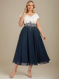 A-line V-Neck Tea-Length Satin Chiffon Mother of the Bride Dress With Appliques Lace