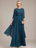 A-line Scoop Illusion Floor-Length Lace Chiffon Mother of the Bride Dress With Pleated