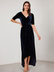 A-Line V-Neck Asymmetrical Velvet Evening Dress