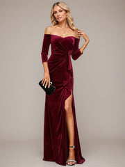 Sheath/Column Off the Shoulder Floor-Length Velvet Evening Dress With Cascading Ruffles