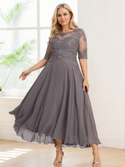 A-line Illusion Boat Neck Asymmetrical Chiffon Lace Mother of the Bride Dress With Sequins Beading