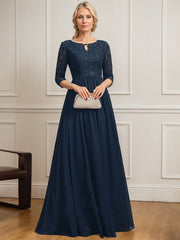 A-line Scoop Floor-Length Lace Chiffon Mother of the Bride Dress With Crystal Brooch Sequins