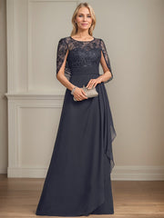 A-line Scoop Illusion Floor-Length Lace Chiffon Mother of the Bride Dress With Cascading Ruffles Sequins