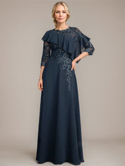 A-line Scoop Illusion Floor-Length Chiffon Lace Mother of the Bride Dress With Ruffle Sequins Beading