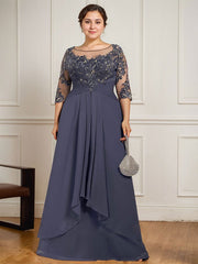 A-line Scoop Illusion Floor-Length Lace Chiffon Mother of the Bride Dress With Cascading Ruffles