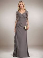 A-line V-Neck Floor-Length Lace Chiffon Mother of the Bride Dress With Cascading Ruffles