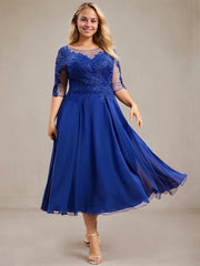 A-line Scoop Illusion Tea-Length Lace Chiffon Mother of the Bride Dress With Sequins