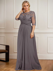 A-line Scoop Illusion Floor-Length Chiffon Lace Mother of the Bride Dress With Pleated Sequins Beading