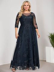 A-line Scoop Illusion Floor-Length Tulle Lace Mother of the Bride Dress With Sequins