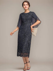 Sheath/Column Scoop Tea-Length Lace Chiffon Mother of the Bride Dress