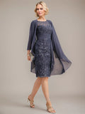 Sheath/Column Scoop Illusion Knee-Length Lace Chiffon Mother of the Bride Dress With Cascading Ruffles Sequins