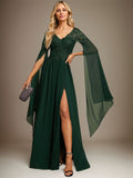 A-line V-Neck Floor-Length Lace Chiffon Evening Dress