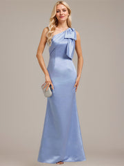 Sheath/Column One Shoulder Floor-Length Satin Evening Dress With Bow Pleated