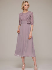 A-line/Princess Scoop Tea-Length Chiffon Mother of the Bride Dress With Lace Jacket