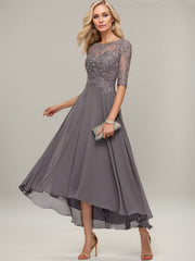 A-line Illusion Boat Neck Asymmetrical Chiffon Lace Mother of the Bride Dress With Sequins Beading