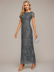 A-line Boat Neck Ankle-Length Lace Evening Dress With Sequins