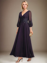 A-line V-Neck Ankle-Length Lace Chiffon Mother of the Bride Dress With Sequins