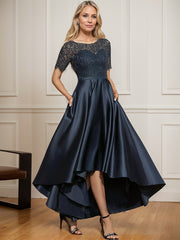 A-line Scoop Illusion Asymmetrical Satin Lace Mother of the Bride Dress