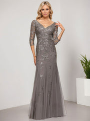 Trumpet/Mermaid V-Neck Floor-Length Tulle Lace Evening Dress With Sequins