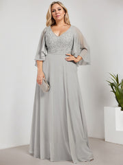 A-line V-Neck Floor-Length Chiffon Lace Mother of the Bride Dress With Sequins Beading