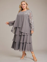 A-line Scoop Tea-Length Chiffon Mother of the Bride Dress With Cascading Ruffles