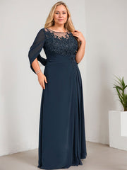 A-line Scoop Illusion Floor-Length Lace Chiffon Mother of the Bride Dress With Sequins Pleated