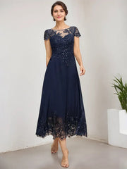 A-line Scoop Illusion Tea-Length Lace Chiffon Mother of the Bride Dress With Sequins