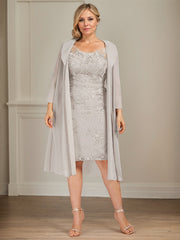 Sheath/Column V-Neck Knee-Length Lace Chiffon Mother of the Bride Dress