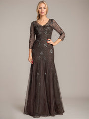 Trumpet/Mermaid Illusion V-Neck Floor-Length Tulle Sequin Lace Mother of the Bride Dress