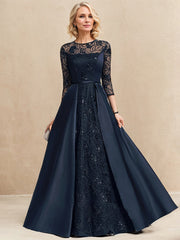 A-line Scoop Illusion Floor-Length Satin Lace Mother of the Bride Dress With Sequins