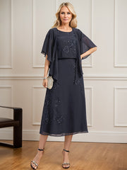 A-line Scoop Tea-Length Lace Chiffon Mother of the Bride Dress With Sequins