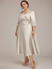 A-line V-Neck Tea-Length Satin Mother of the Bride Dress With Pleated