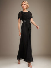 A-line Scoop Ankle-Length Chiffon Mother of the Bride Dress With Beading Pleated