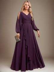 A-line Cold Shoulder V-Neck Floor-Length Chiffon Mother of the Bride Dress With Cascading Ruffles Beading