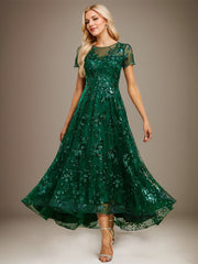 A-line Scoop Illusion Asymmetrical Sequin Lace Mother of the Bride Dress