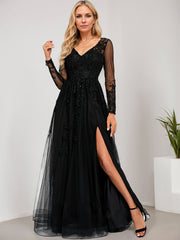 A-line V-Neck Floor-Length Tulle Prom Dresses With Sequins Appliques Lace Beading