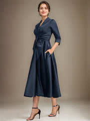 A-line V-Neck Collared Tea-Length Satin Mother of the Bride Dress