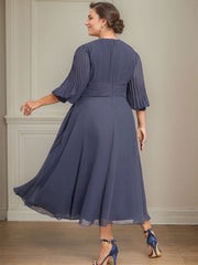 A-line V-Neck Tea-Length Chiffon Mother of the Bride Dress With Pleated