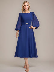 A-line Scoop Tea-Length Chiffon Mother of the Bride Dress With Crystal Brooch Pleated