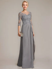 A-line Scoop Illusion Floor-Length Chiffon Lace Mother of the Bride Dress With Beading Sequins Cascading Ruffles