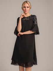 A-line Scoop Illusion Knee-Length Lace Chiffon Mother of the Bride Dress With Sequins