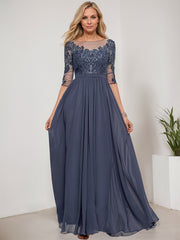 A-line Scoop Illusion Floor-Length Lace Chiffon Evening Dress With Sequins