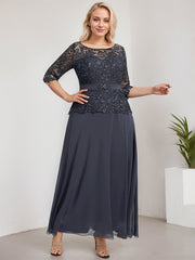 A-line Scoop Illusion Ankle-Length Chiffon Lace Mother of the Bride Dress With Rhinestone Beading